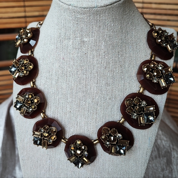 J. Crew Caramel Rhinestone Baguette Square Cut Statement Necklace Brown Smoke - Picture 1 of 11